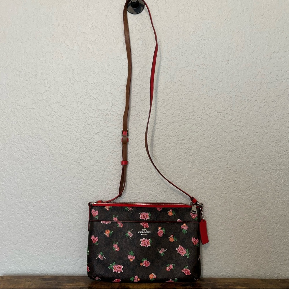 Coach Signature Canvas Leather Crossbody East West Pop Brown Floral Red Pink - Picture 9 of 9